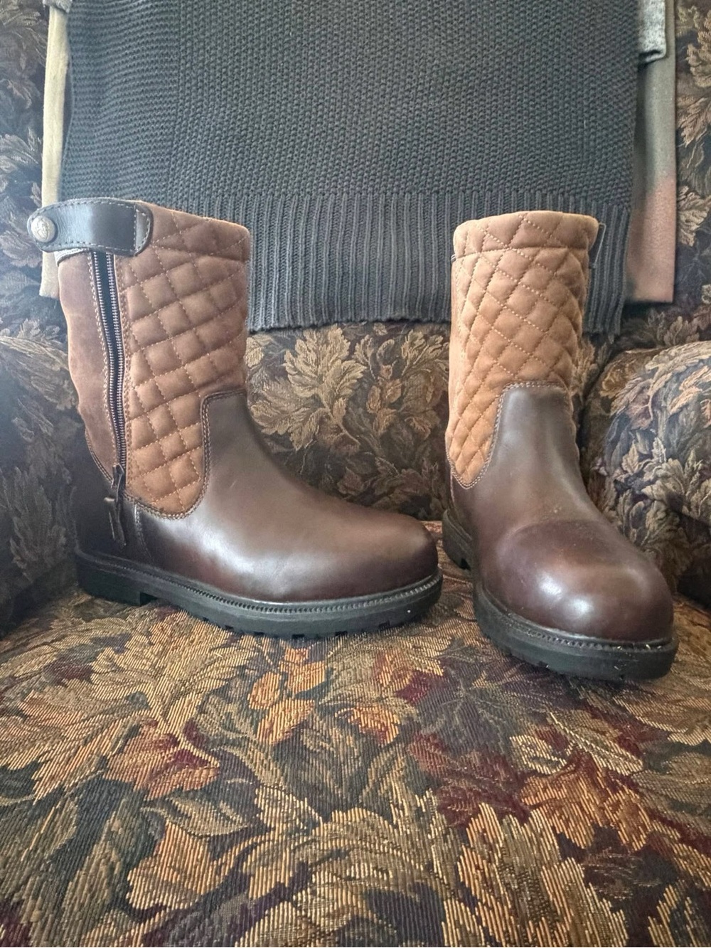 Women's Quilted Brown Leather Ankle Booties with Side Zip